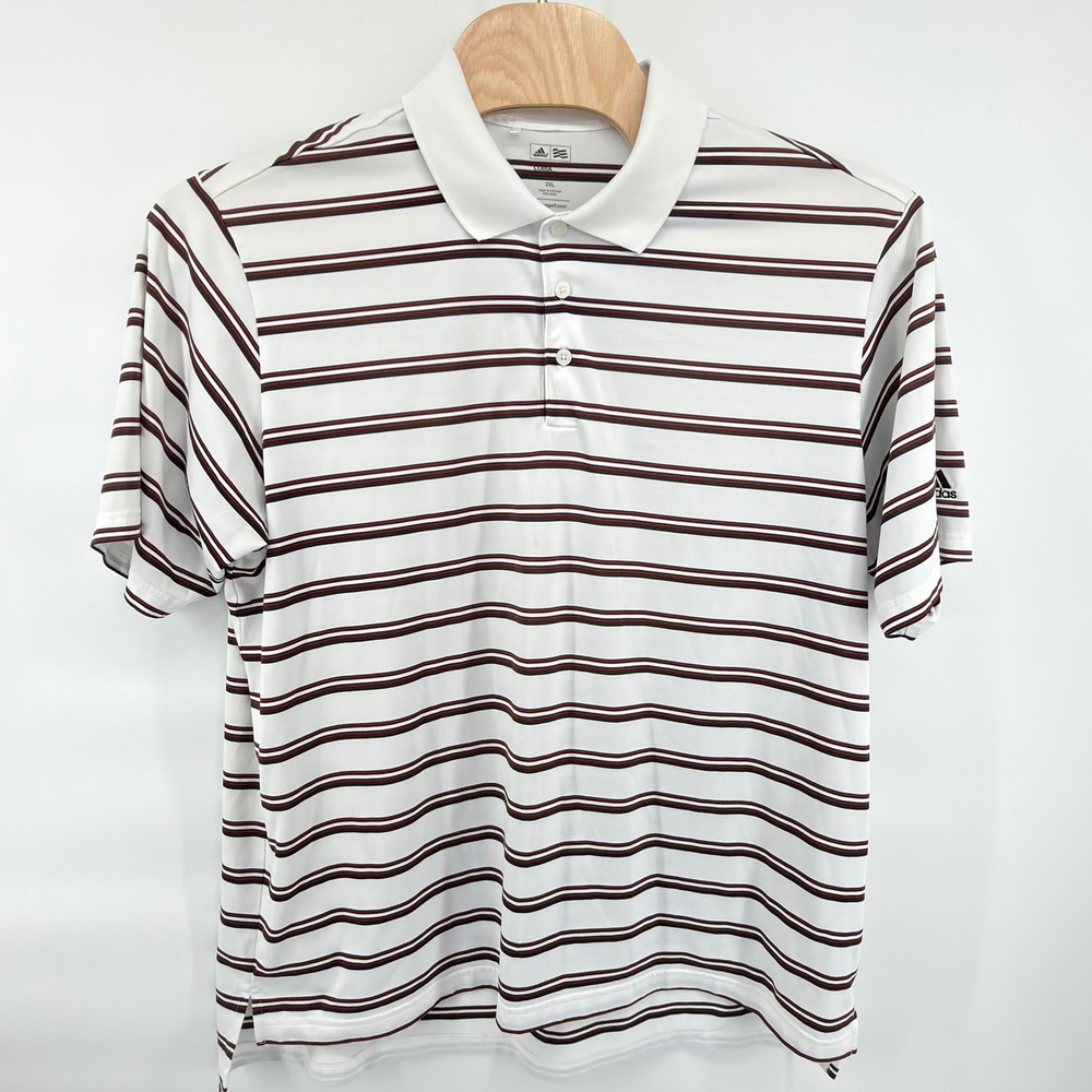Adidas Golf Polo Mens 2XL White Brown Red Striped ClimaCool Short Sleeve Shirt